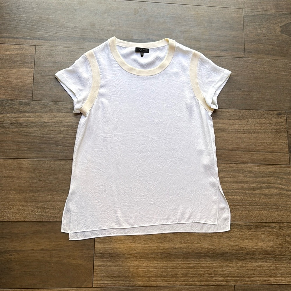 Rag & Bone Ivory and Cream Contrast Detail Short Sleeve Silk Blend Top Size M